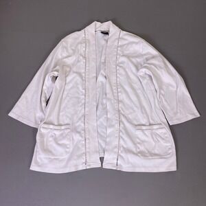 Rafaella Cardigan Women's XL White 100% Cotton Open Crochet Trim Pockets *Flawed